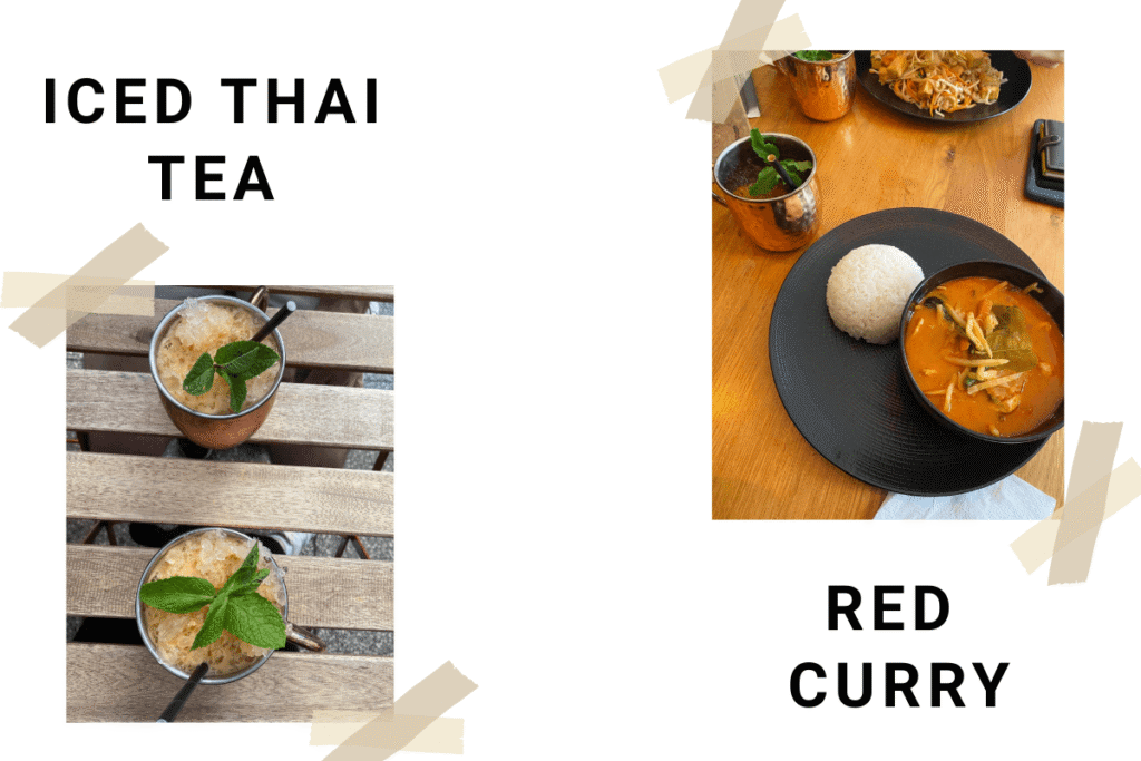 Thai iced tea with milk and red curry at Thai Station Bistro in Prague