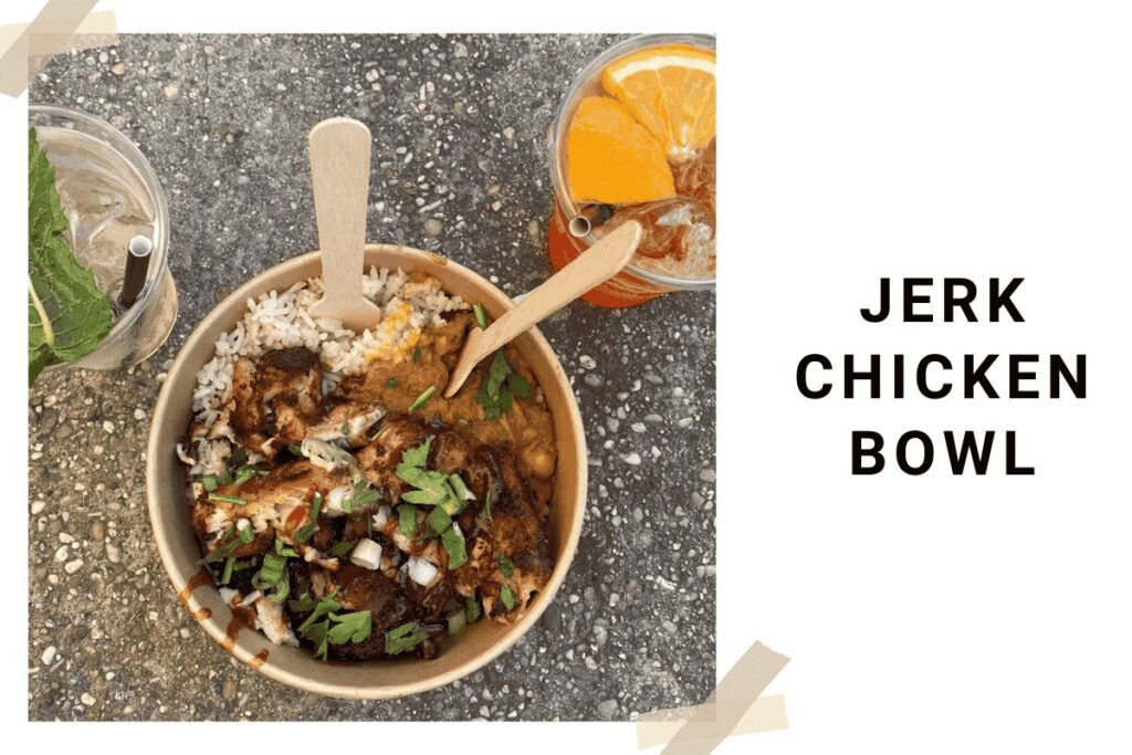 Jerk chicken bowl at Prague Dejvice farmers market