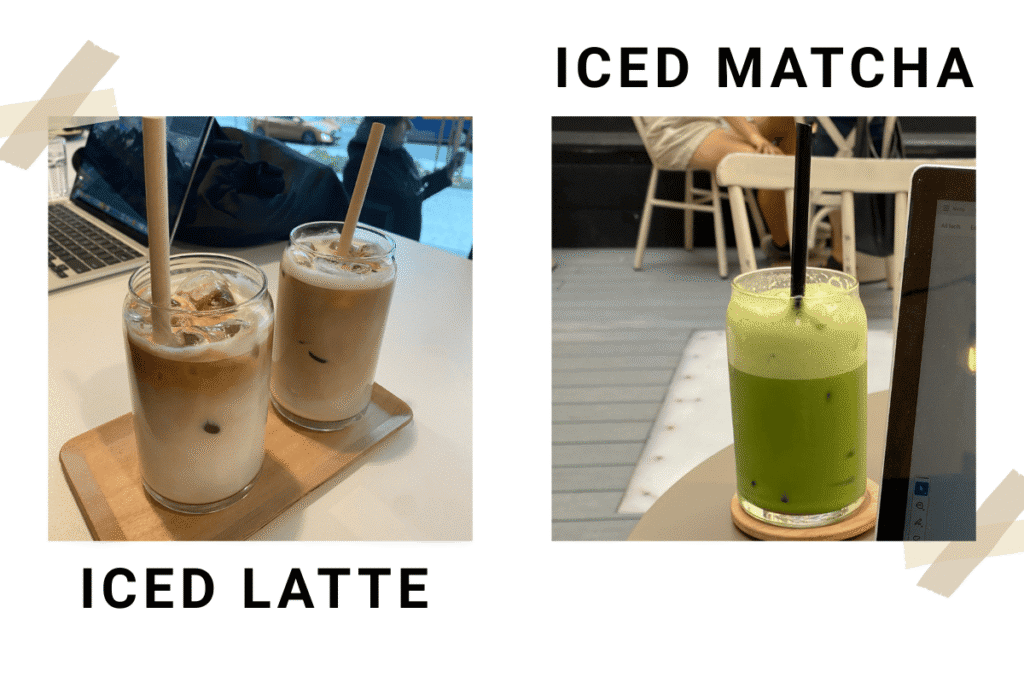Iced latte and iced matcha at Miners Coffee, one of the best Prague coffee shops for studying