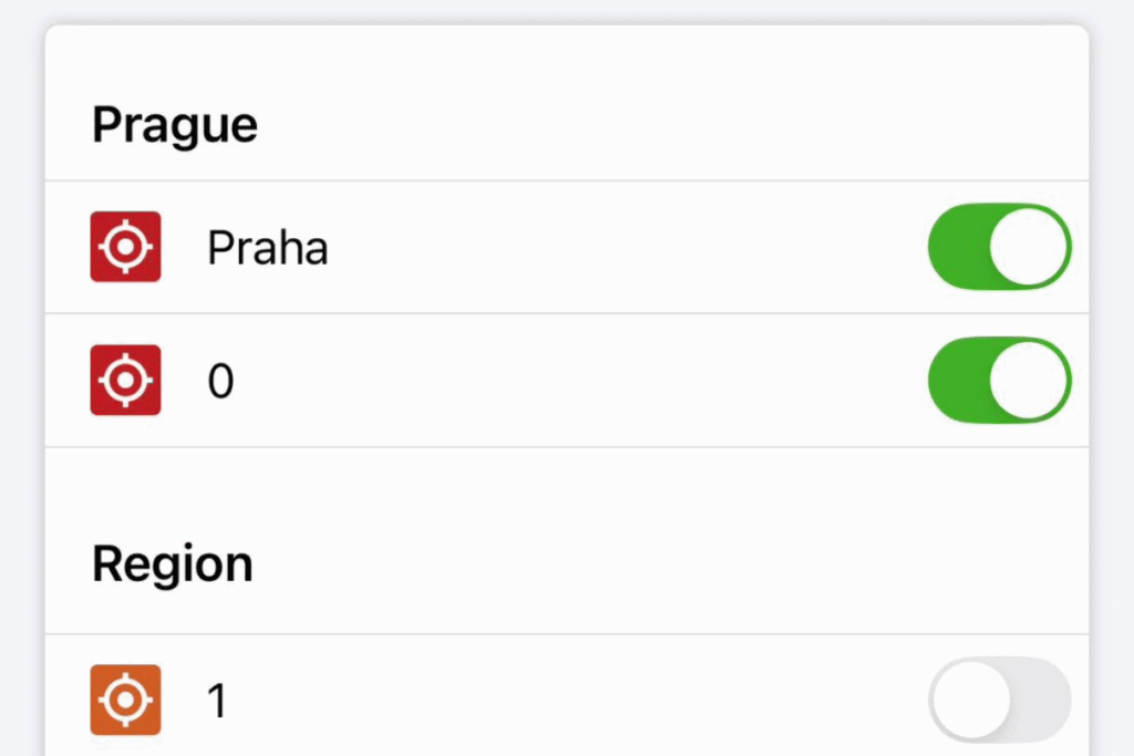 PID Lítačka zone selection screen showing Praha and 0 zones toggled on under Prague section, with Region zone 1 below