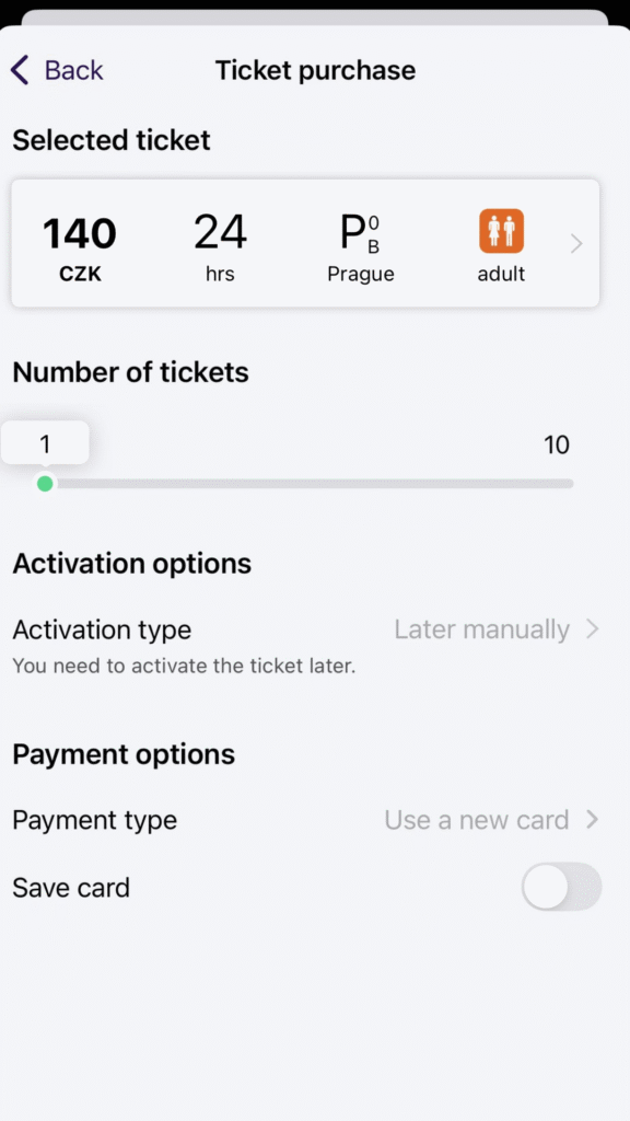 PID Lítačka app ticket purchase configuration screen showing number of tickets slider, activation options, and payment method selection