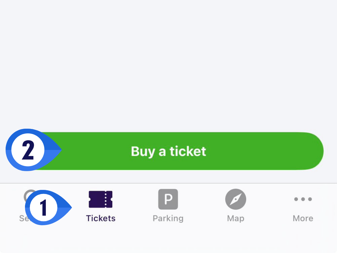 PID Lítačka app home screen showing the Tickets tab and Buy a Ticket button with numbered annotations