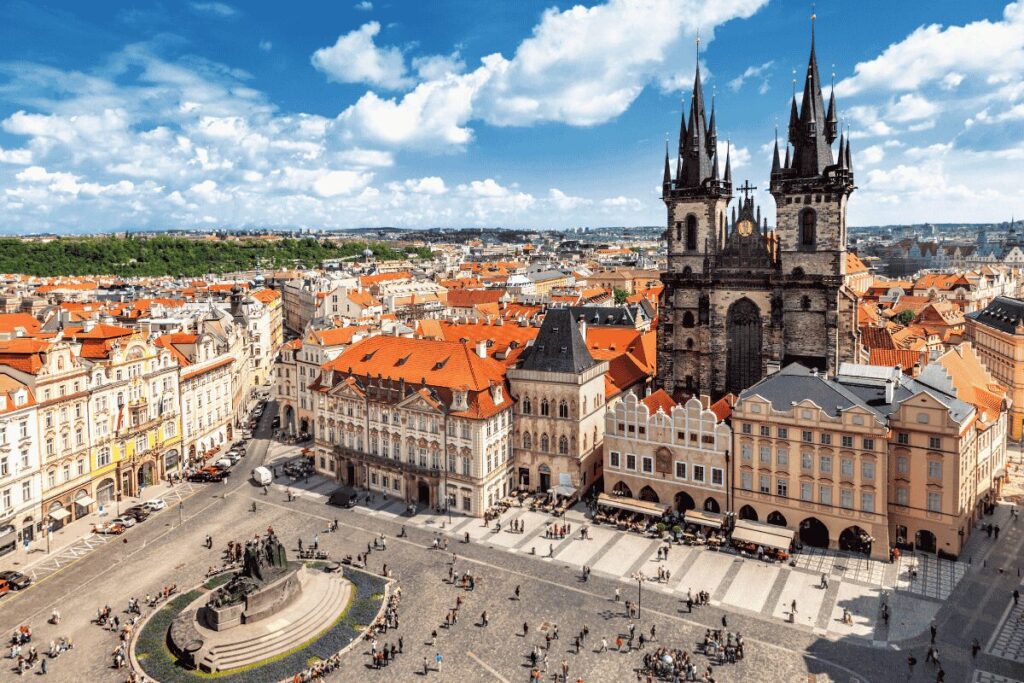 Old Town Square in Prague with the Church of Our Lady before Týn and historic red rooftops