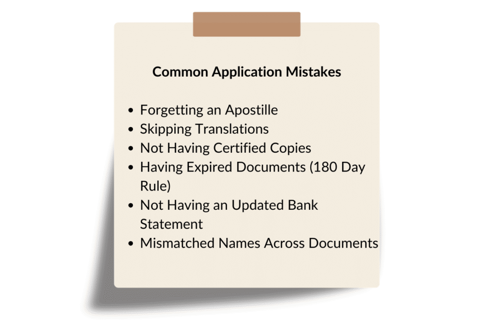 Sticky note graphic listing six common Czech student visa application mistakes: forgetting an apostille, skipping translations, not having certified copies, having expired documents, not having an updated bank statement, and mismatched names across documents