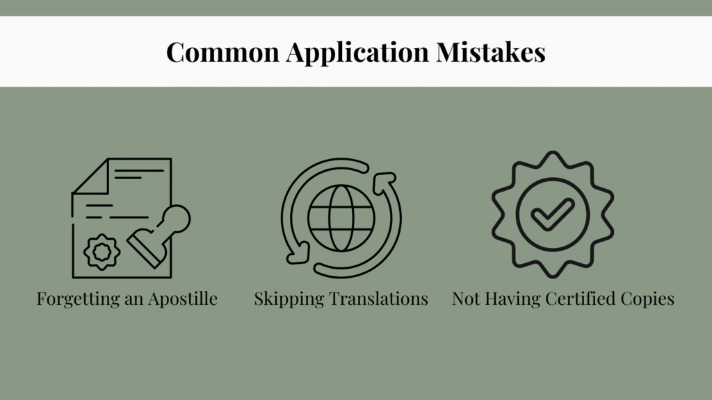 nfographic showing three common Czech student visa application prep mistakes: forgetting an apostille, skipping translations, and not having certified copies
