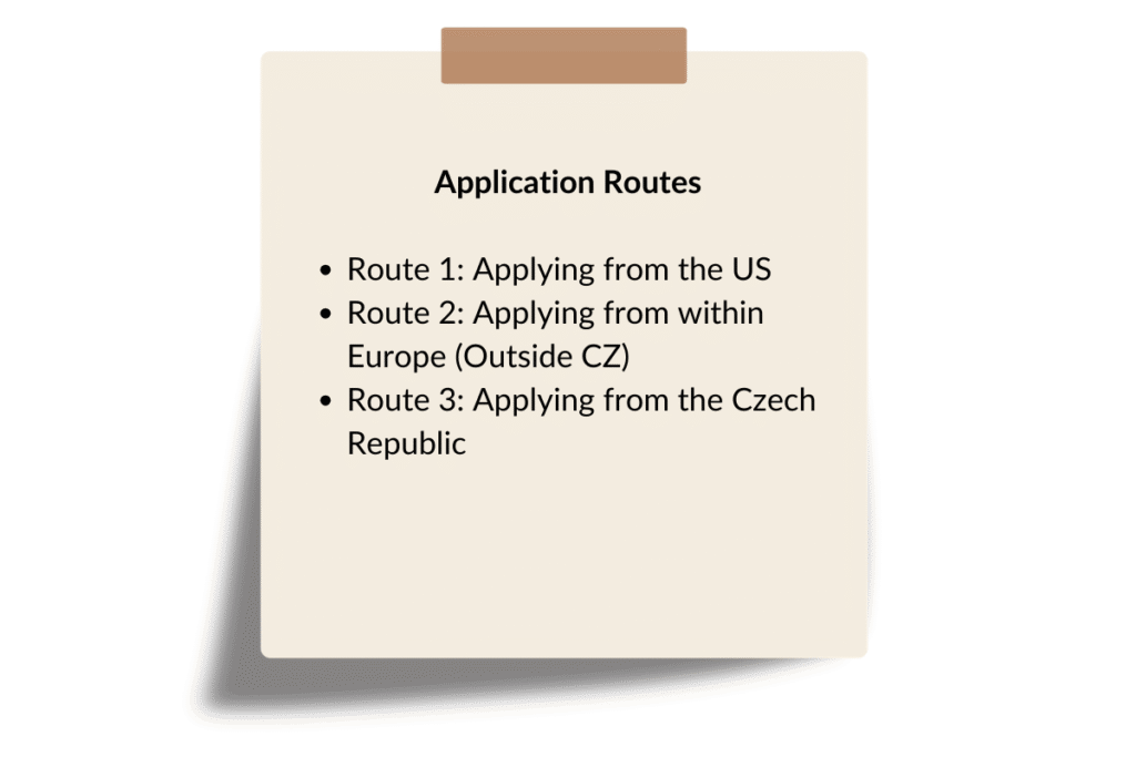 Sticky note graphic outlining three Czech student visa application routes: US, EU, and inside the Czech Republic