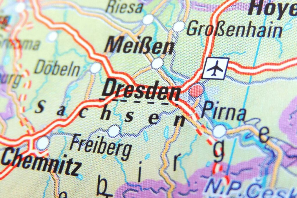 Map highlighting Dresden, Germany, a common Czech visa application location for students already in Europe