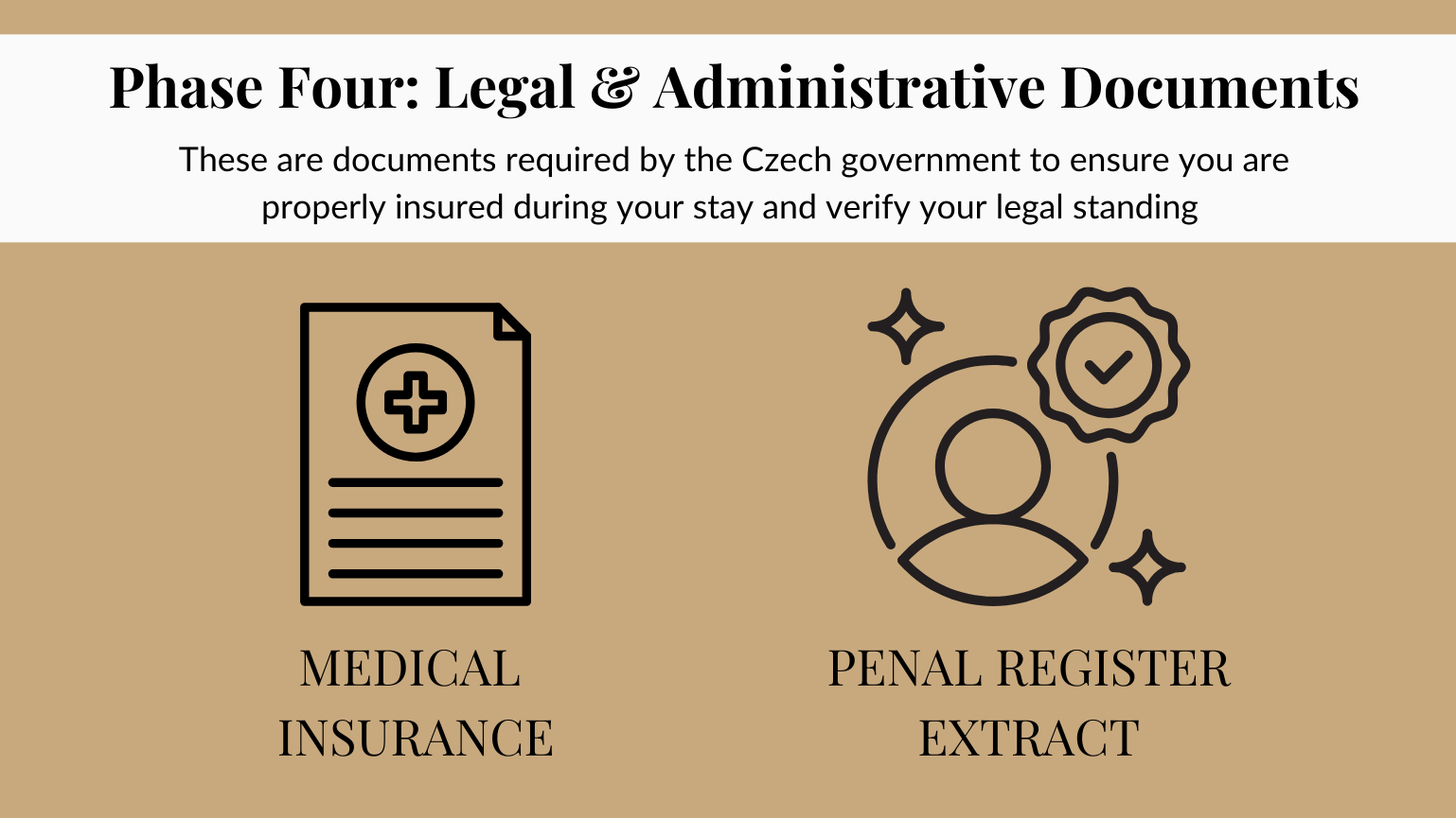 Phase four graphic showing medical insurance and penal register extract required for a Czech student visa application.