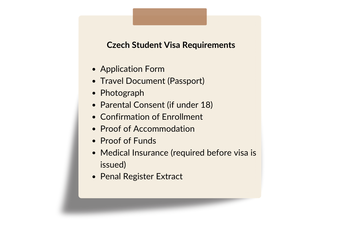 Czech student visa requirements checklist showing the nine documents needed for a visa application.