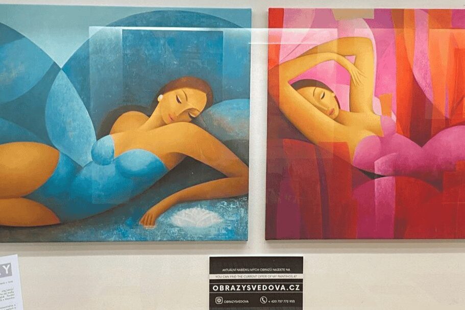 Paintings displayed inside the Passage of Czech Design, a public art passage near Old Town Square in Prague