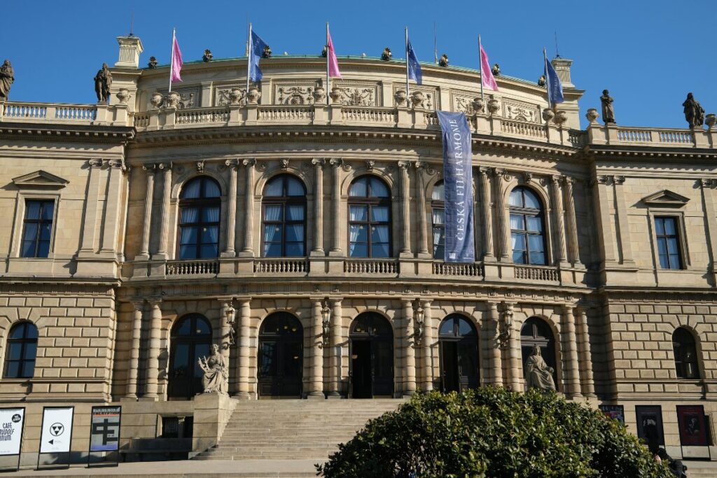 Historic Rudolfinum building in Prague housing Galerie Rudolfinum contemporary art gallery on the Vltava River