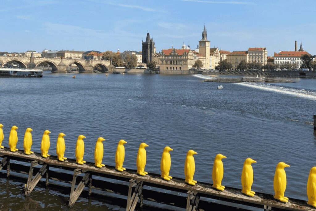 Row of bright yellow penguin sculptures along the Vltava riverbank in Kampa Park, Prague