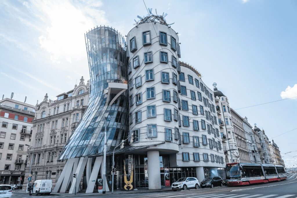 The Dancing House modern architecture building along the Vltava River in Prague