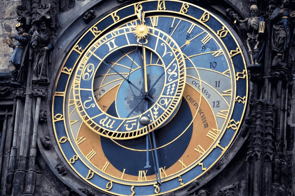 Prague Astronomical Clock on the Old Town Hall showing zodiac dial and golden hands