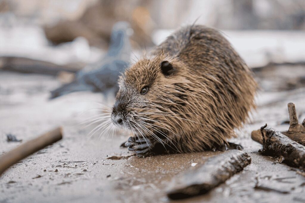 Brown nutria sitting on a muddy riverbank near the water.