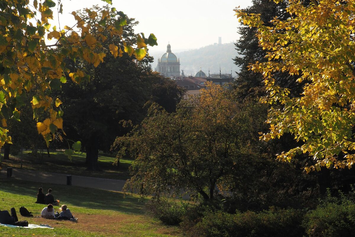 People relaxing on the grass in one of the parks in Prague, framed by golden autumn trees with city views in the background.
