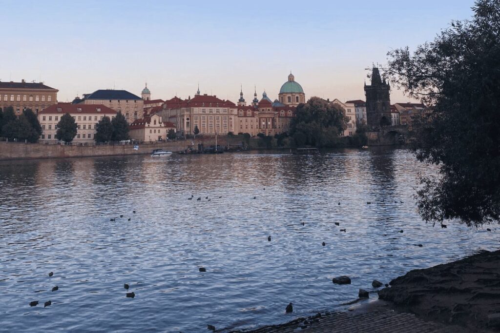 View across the Vltava River from Park Cihelná in Prague.