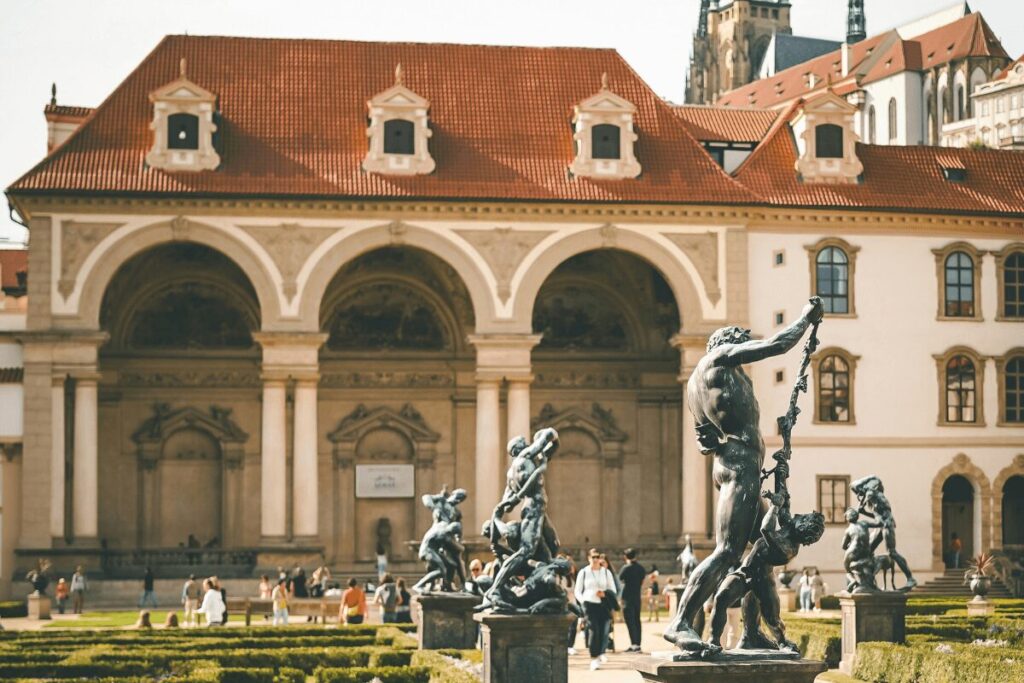 Sala Terrena pavilion and statues inside Waldstein Garden Prague, a historic Baroque garden in Malá Strana.