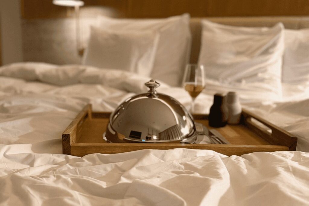 Hotel bed with room service breakfast tray in a modern hotel room