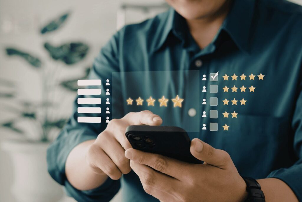 Traveler checking hotel ratings and reviews on a smartphone