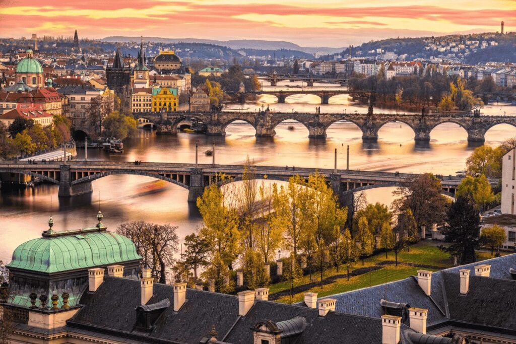 View from Letná Park overlooking the Vltava River and Prague bridges.