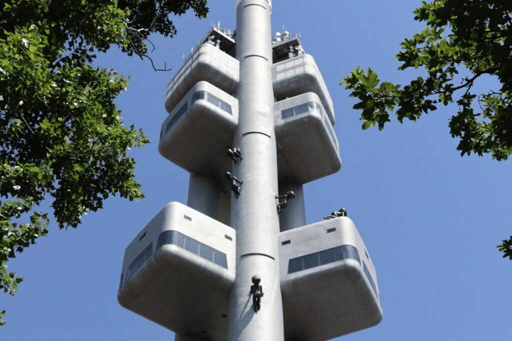 View of Žižkov neighborhood with the Žižkov Television Tower in Prague.